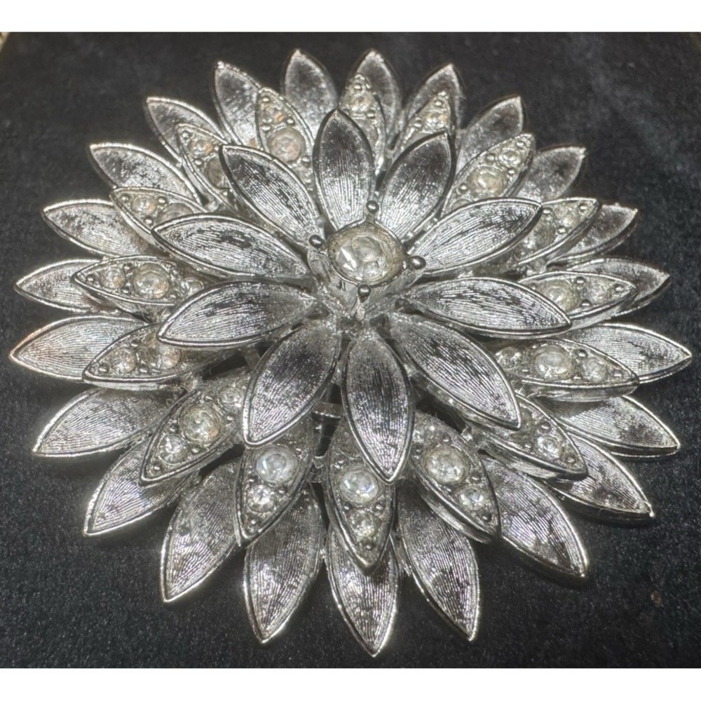 Vintage Rhinestone Flower Brooch Large Silver Tone Layered Floral Statement Pin
